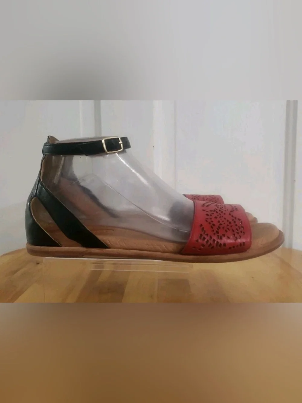 Red Laser-Cut Ankle-Strap Flat Sandals